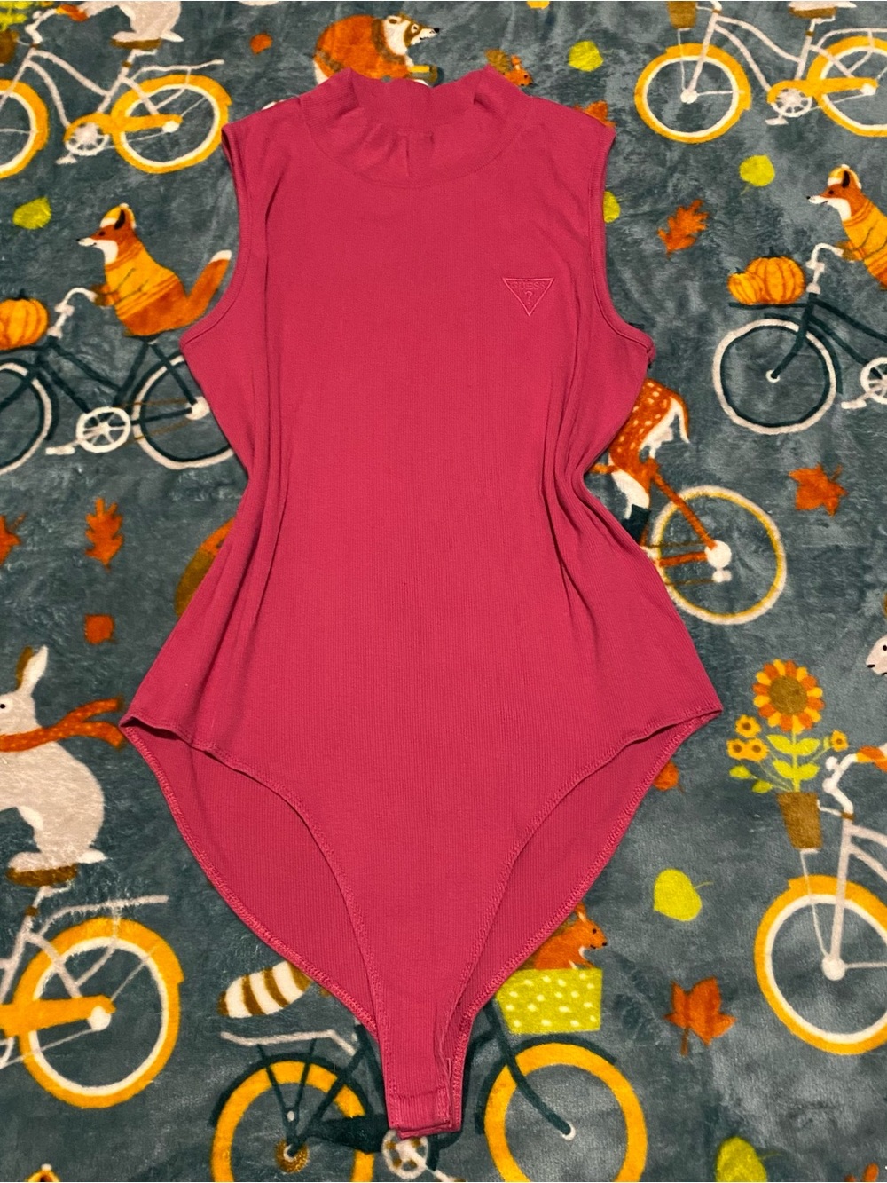 Hot Pink Mcbling Guess Bodysuit Sleeveless Embroidered Logo Mock Neck Women’s XL